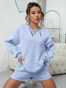 INAWLY Drop Shoulder Sweatshirt & Shorts Fall Cloth For Women - Blue - View 3
