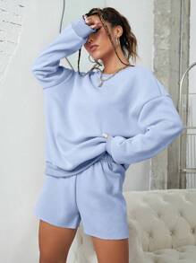 INAWLY Drop Shoulder Sweatshirt & Shorts Fall Cloth For Women - Blue - View 4