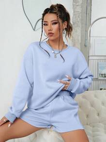 INAWLY Drop Shoulder Sweatshirt & Shorts Fall Cloth For Women - Blue - View 5