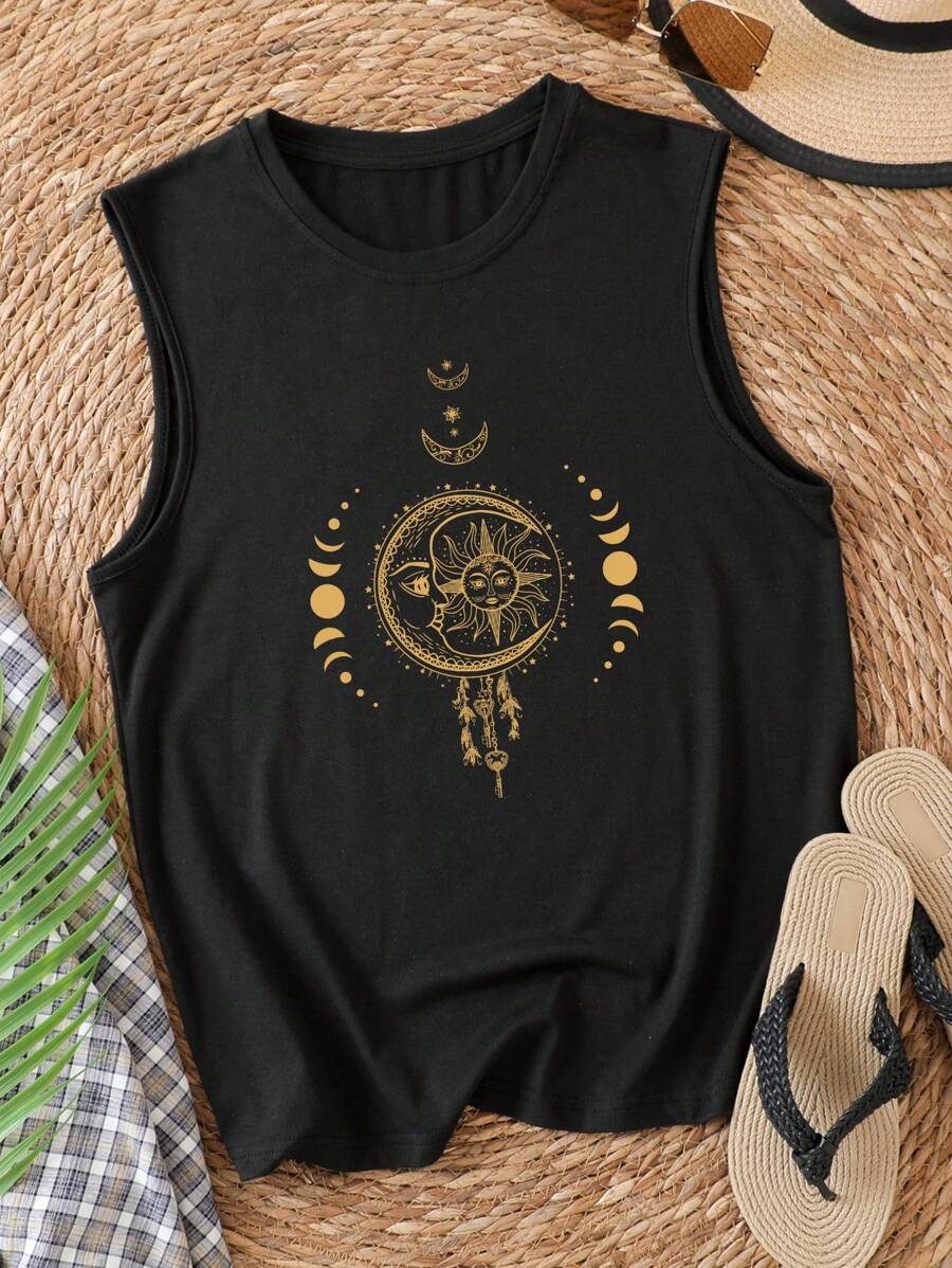 INAWLY Plus Moon & Sun Print Tank Top - Black - View 1