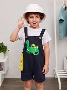 SHEIN 男小童恐龍印花3D貼佈設計背帶連體短褲不帶T恤