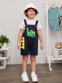 SHEIN 男小童恐龍印花3D貼佈設計背帶連體短褲不帶T恤