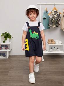 SHEIN 男小童恐龍印花3D貼佈設計背帶連體短褲不帶T恤