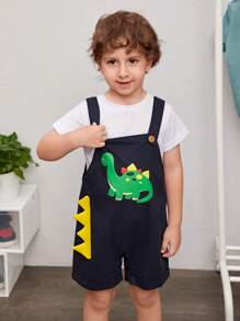 SHEIN 男小童恐龍印花3D貼佈設計背帶連體短褲不帶T恤