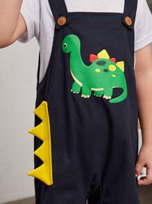 SHEIN 男小童恐龍印花3D貼佈設計背帶連體短褲不帶T恤