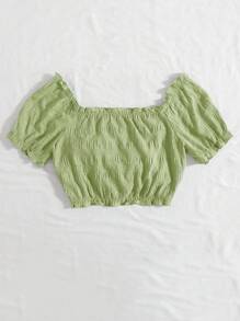 Breezaya Áo sơ mi nữ Dây kéo viền lá sen Xù màu trơn Giải trí - màu xanh lá - Xem 2