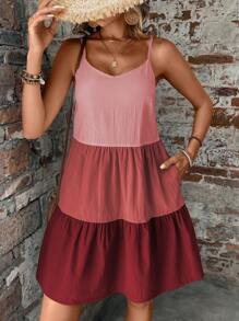 SHEIN LUNE Colourblock Ruffle Hem Cami Dress - Redwood - View 5