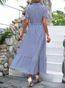 Breezaya 條紋印花荷葉邊腰帶襯衫連衣裙 - 藍白色 - 查看 2