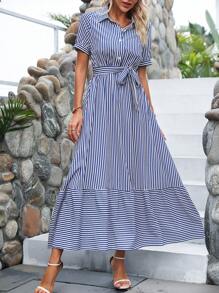 Breezaya 條紋印花荷葉邊腰帶襯衫連衣裙 - 藍白色 - 查看 3