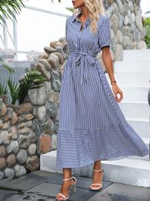 Breezaya 條紋印花荷葉邊腰帶襯衫連衣裙 - 藍白色 - 查看 4