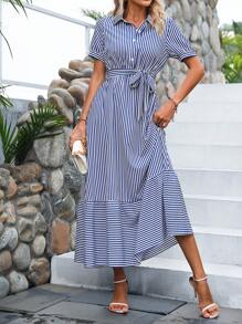 Breezaya 條紋印花荷葉邊腰帶襯衫連衣裙 - 藍白色 - 查看 5