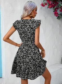 SHEIN VCAY In hoa Ditsy Viền Ruffle Váy có thắt lưng - Đen và trắng - Xem 2