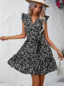 SHEIN VCAY In hoa Ditsy Viền Ruffle Váy có thắt lưng - Đen và trắng - Xem 4