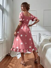 SHEIN Clasi Robe longue pour femme à encolure carrée, manches bouffantes, à volants et à imprimé pois