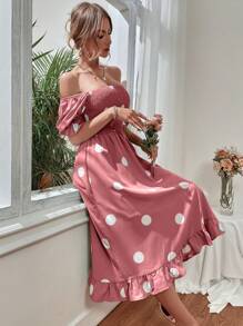 SHEIN Clasi Robe longue pour femme à encolure carrée, manches bouffantes, à volants et à imprimé pois