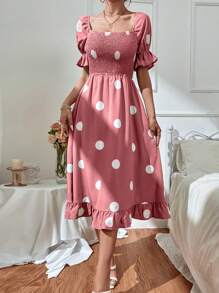 SHEIN Clasi Robe longue pour femme à encolure carrée, manches bouffantes, à volants et à imprimé pois