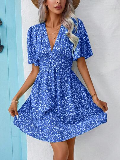 EMERY ROSE Ditsy Floral Print Butterfly Sleeve Dress
