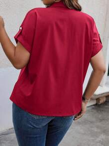 EMERY ROSE Plus Flap Detail Batwing Sleeve Shirt - Burgundy - View 2