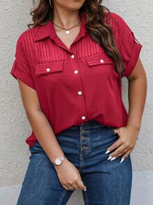 EMERY ROSE Plus Flap Detail Batwing Sleeve Shirt - Burgundy - View 3