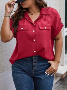 EMERY ROSE Plus Flap Detail Batwing Sleeve Shirt - Burgundy - View 5