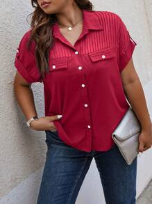 EMERY ROSE Plus Flap Detail Batwing Sleeve Shirt - Burgundy - View 6