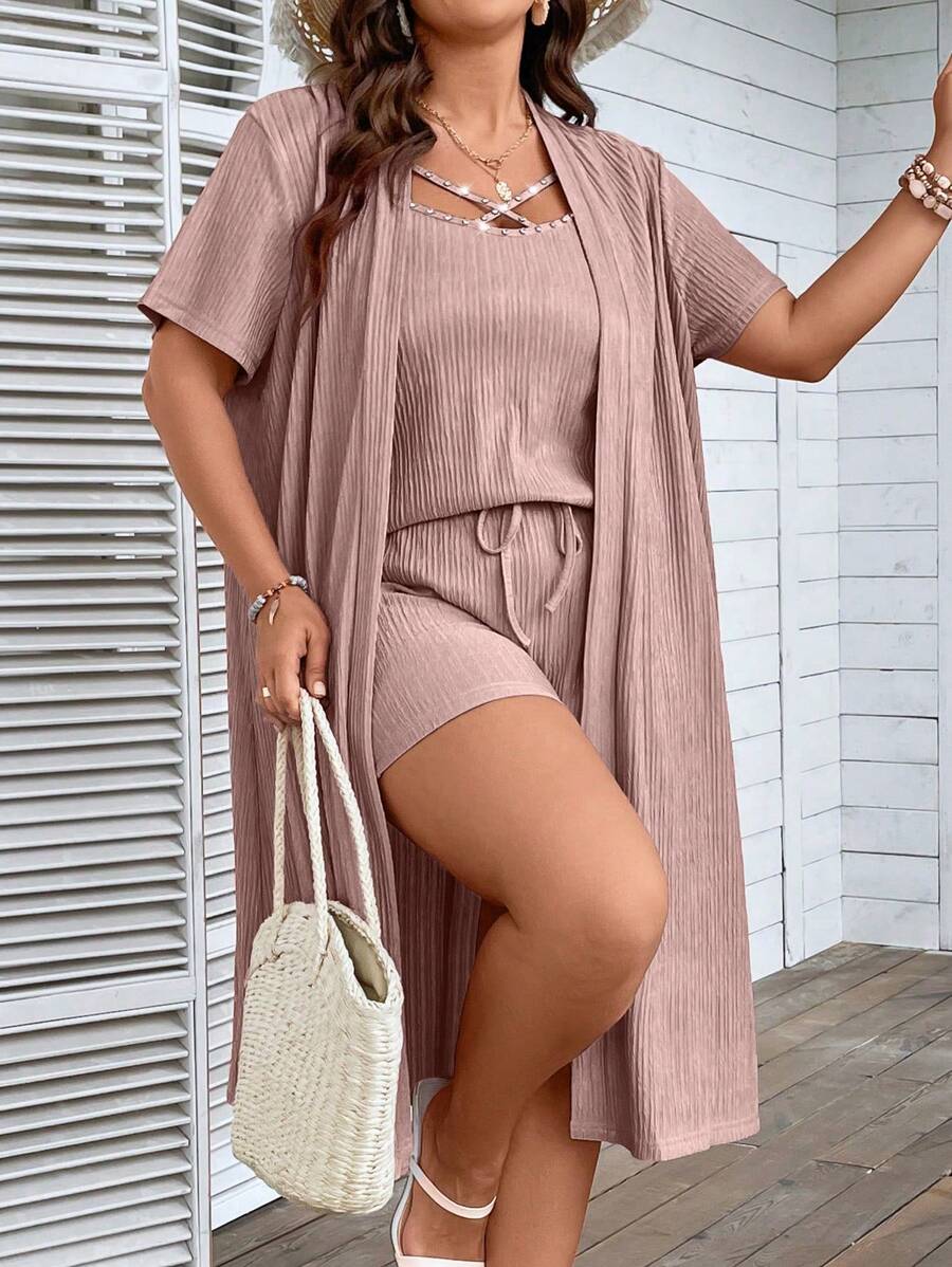 SHEIN LUNE Plus Rhinestone Detail Cami Top & Shorts & Coat - Pink - View 1