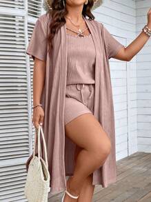 SHEIN LUNE Plus Rhinestone Detail Cami Top & Shorts & Coat - Pink - View 4