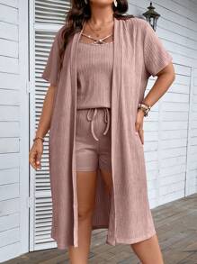 SHEIN LUNE Plus Rhinestone Detail Cami Top & Shorts & Coat - Pink - View 5