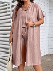 SHEIN LUNE Plus Rhinestone Detail Cami Top & Shorts & Coat - Pink - View 6