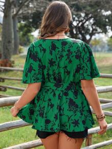 SHEIN Holidaya Plus Floral Print Butterfly Sleeve Belted Blouse - Green - View 2
