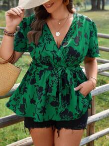 SHEIN Holidaya Plus Floral Print Butterfly Sleeve Belted Blouse - Green - View 6
