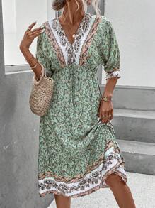 SHEIN LUNE 印花蝙蝠袖荷葉邊洋裝 - 綠色 - 查看 3