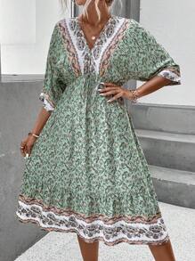 SHEIN LUNE 印花蝙蝠袖荷葉邊洋裝 - 綠色 - 查看 4