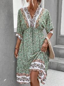 SHEIN LUNE 印花蝙蝠袖荷葉邊洋裝 - 綠色 - 查看 5