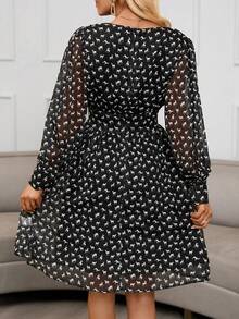 SHEIN Frenchy 動物印花燈籠袖連衣裙 - 黑與白 - 查看 2