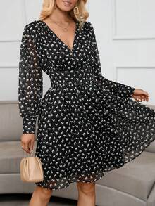 SHEIN Frenchy 動物印花燈籠袖連衣裙 - 黑與白 - 查看 3