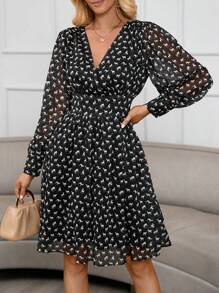 SHEIN Frenchy 動物印花燈籠袖連衣裙 - 黑與白 - 查看 5