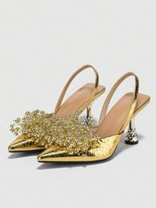 Women Metallic Bead Decor Point Toe Pyramid Heeled Slingback Pumps, Fashion Outdoor Pumps
