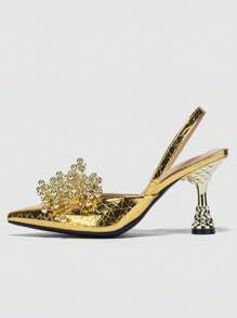 Women Metallic Bead Decor Point Toe Pyramid Heeled Slingback Pumps, Fashion Outdoor Pumps