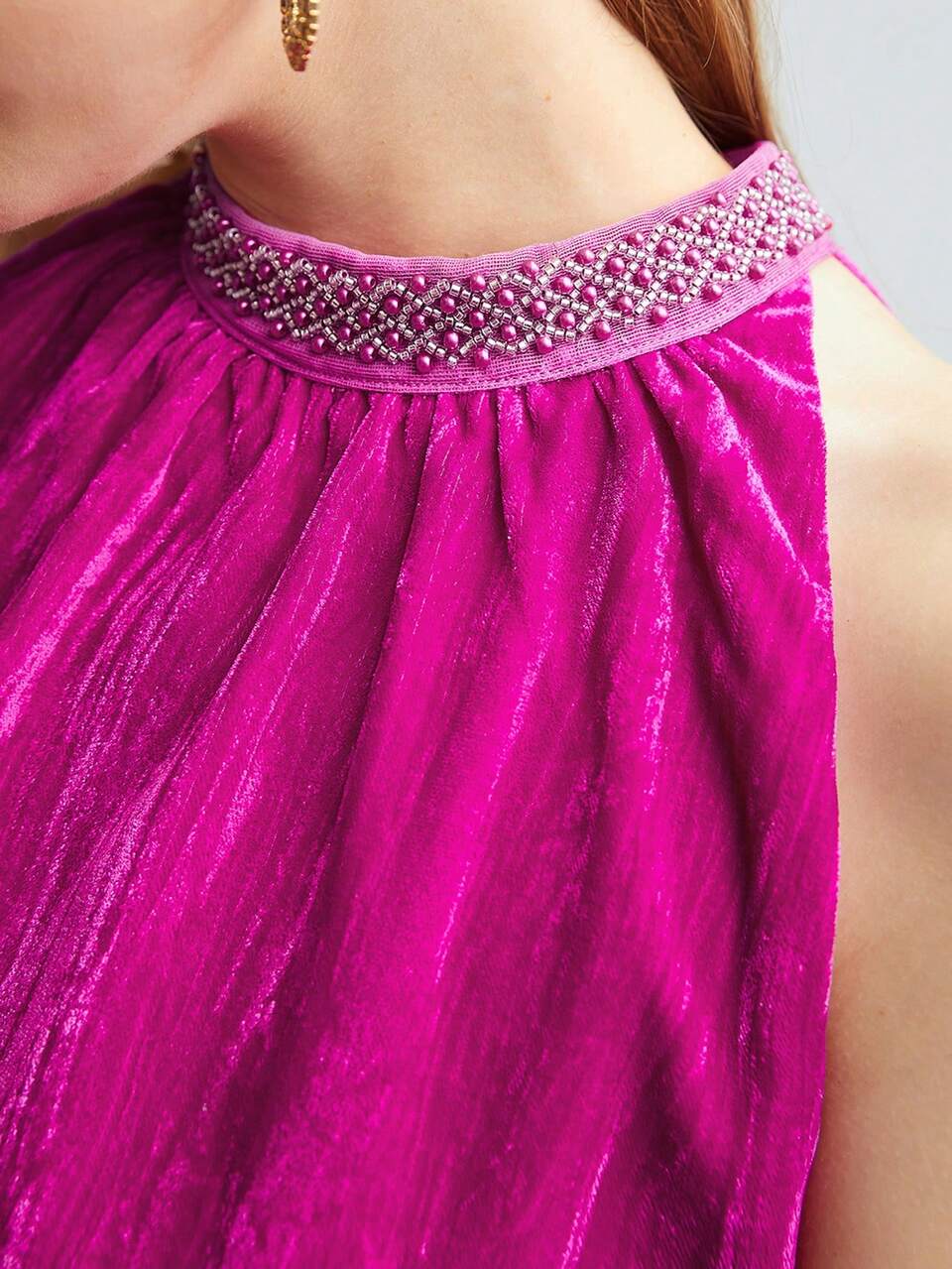 BEADED VELVET HALTER BLOUSE
