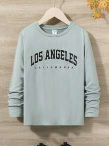 SHEIN Leap Crew Tween Boy Comfortable Long Sleeve Tee With Letter Print - Mint Blue - View 1
