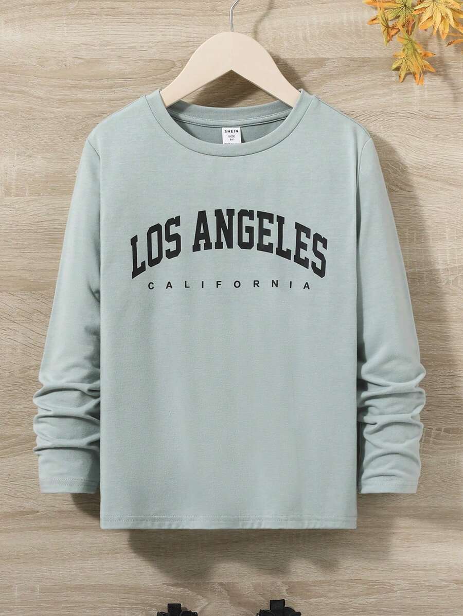SHEIN Leap Crew Tween Boy Comfortable Long Sleeve Tee With Letter Print - Mint Blue - View 1