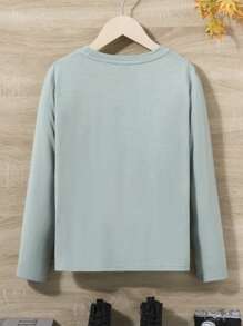 SHEIN Leap Crew Tween Boy Comfortable Long Sleeve Tee With Letter Print - Mint Blue - View 2