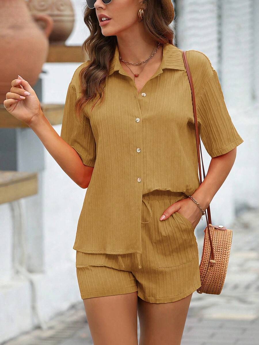 SHEIN Essnce Solid Button Front Shirt & Shorts - Brown - View 1