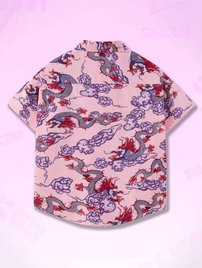 Anime Guys Dragon Print Button Front Shirt