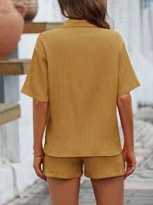 SHEIN Essnce Solid Button Front Shirt & Shorts - Brown - View 2