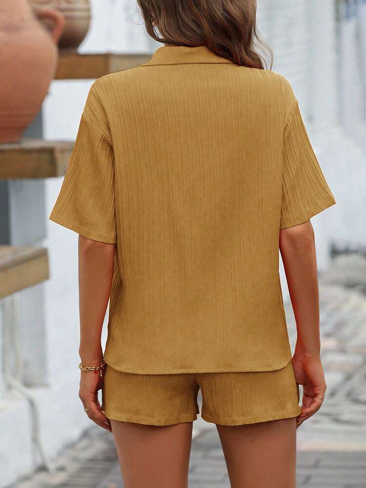 SHEIN Essnce Bộ đồ hai mảnh nữ Thắt nút Túi Nút phía trước màu trơn Giải trí - màu nâu - Xem 2