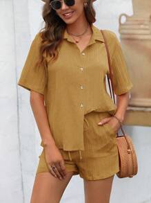 SHEIN Essnce Solid Button Front Shirt & Shorts - Brown - View 4