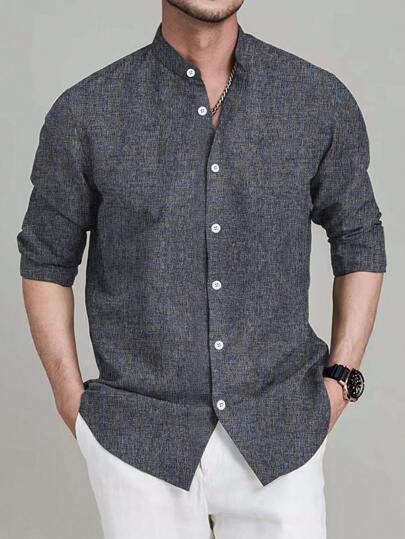 Calvornis 宽松版型男士纯色都市纽扣长袖衬衫，适合丈夫，秋季，老钱风格