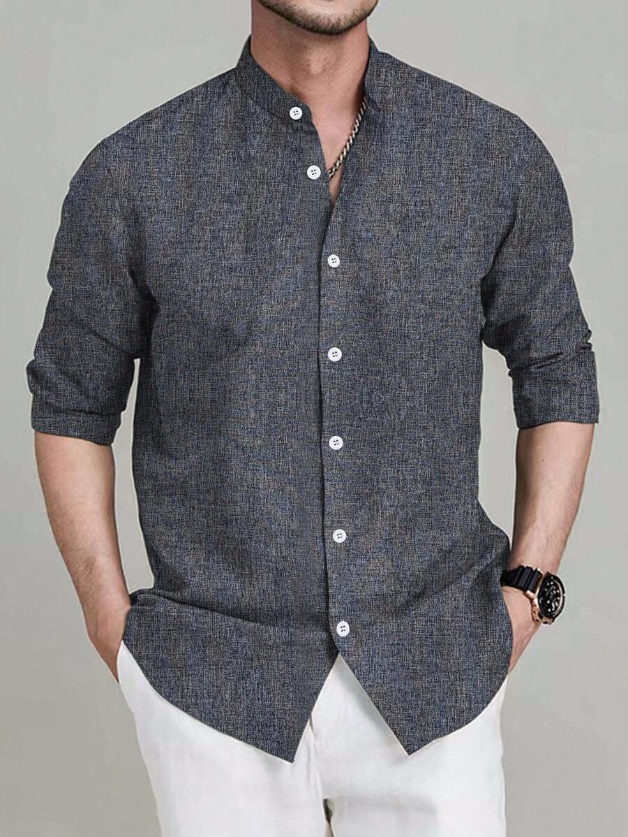 Calvornis Loose Fit Men's Solid Color Plain Urban Button-Up Long Sleeve Shirt, For Husband, Fall, Old Money Style - Dark Grey - View 1